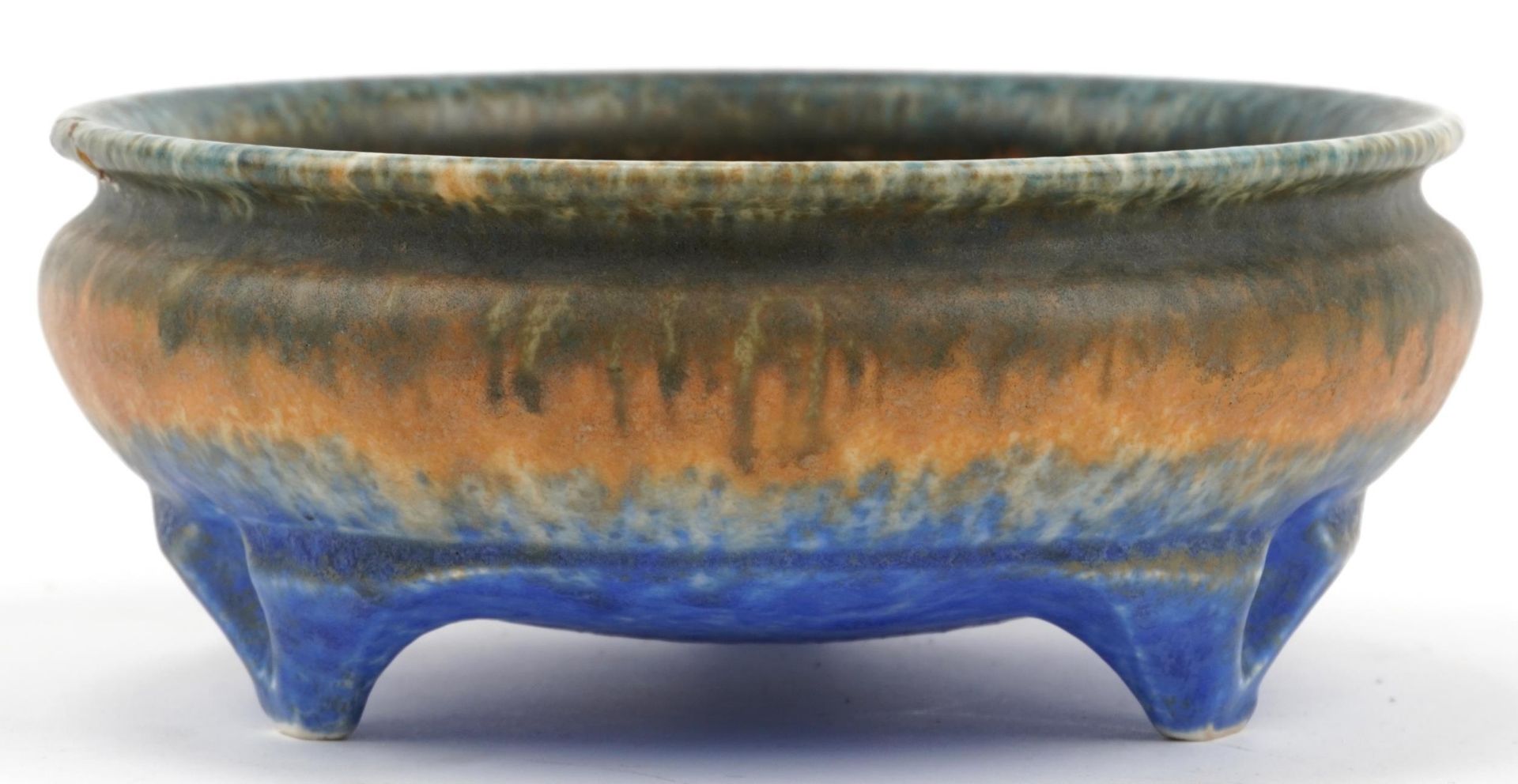 Ruskin, Arts & Crafts three footed bowl having a mottled green, orange and blue glaze, impressed - Image 2 of 4