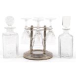Silver plated stand with four glasses and two glass decanters including Royal Brierley, the