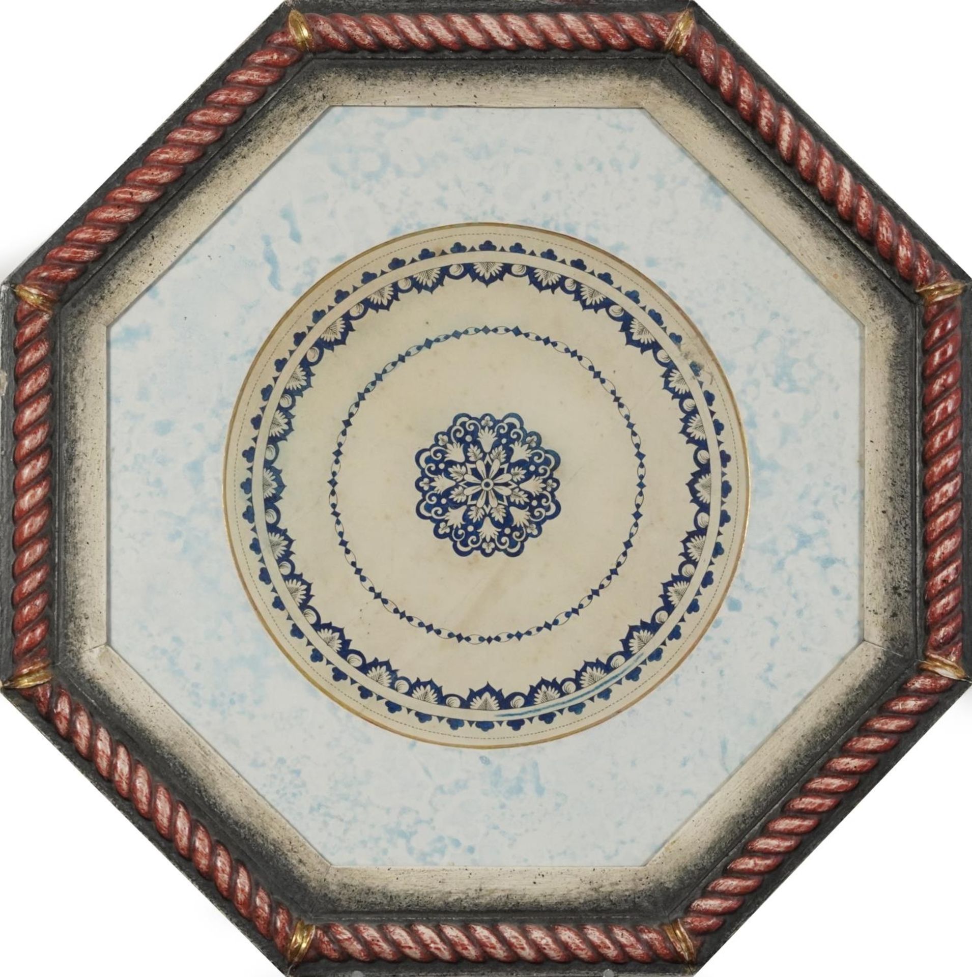 Pair of ink and watercolour circular plate designs housed in octagonal frames, each with Stephanie - Image 6 of 12