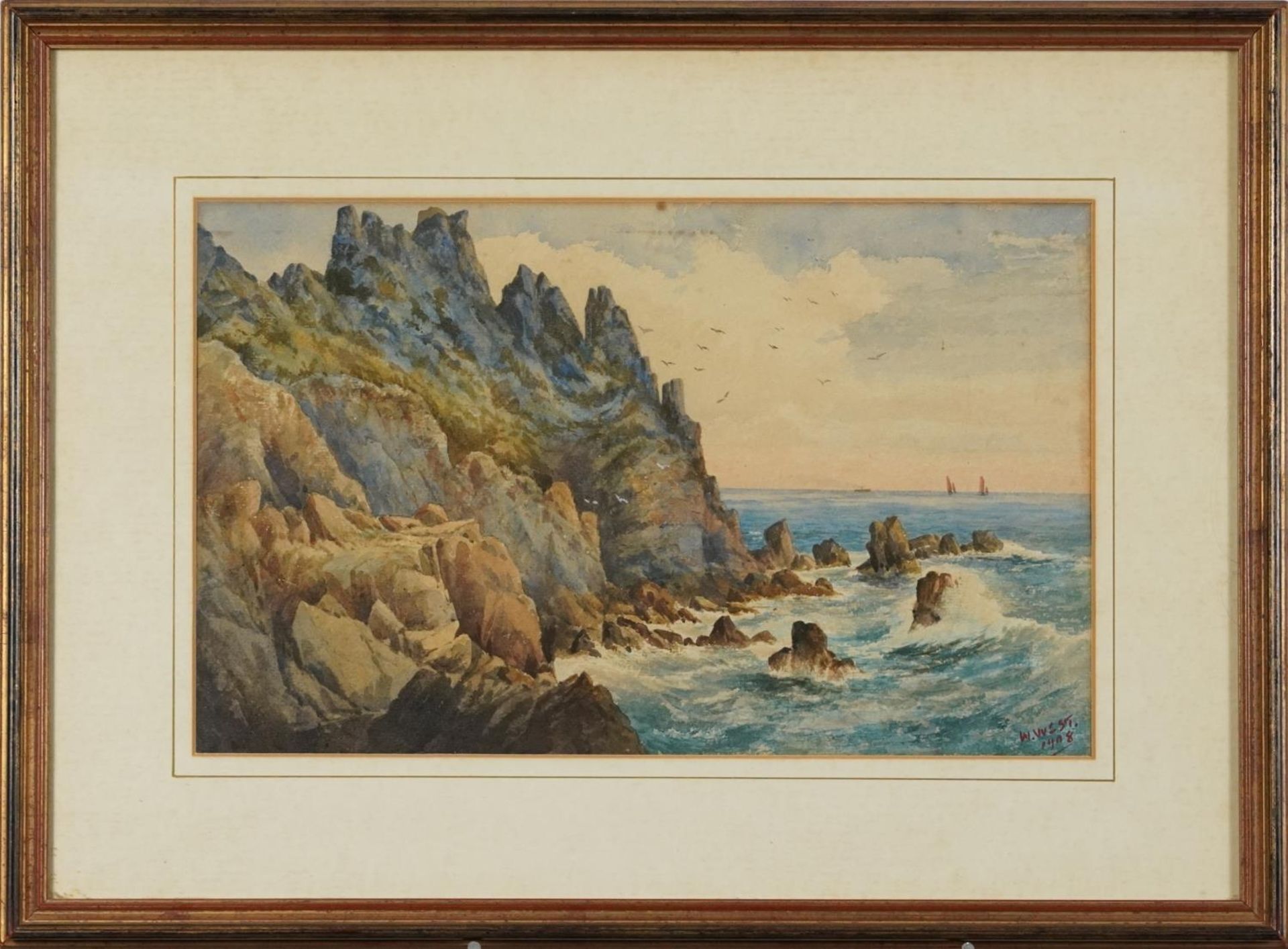 W West 1908 - Rocky coastal scene with cliffs, early 20th century watercolour, mounted, framed and - Image 2 of 5