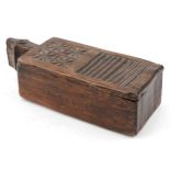 Colonial hardwood spice box with slide lid having geometric carvings, 10cm H x 35.5cm W x 14cm D :