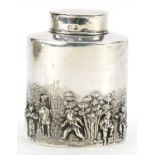 W I Broadway & Co, Edwardian silver tea caddy embossed with farmers and cavaliers before a