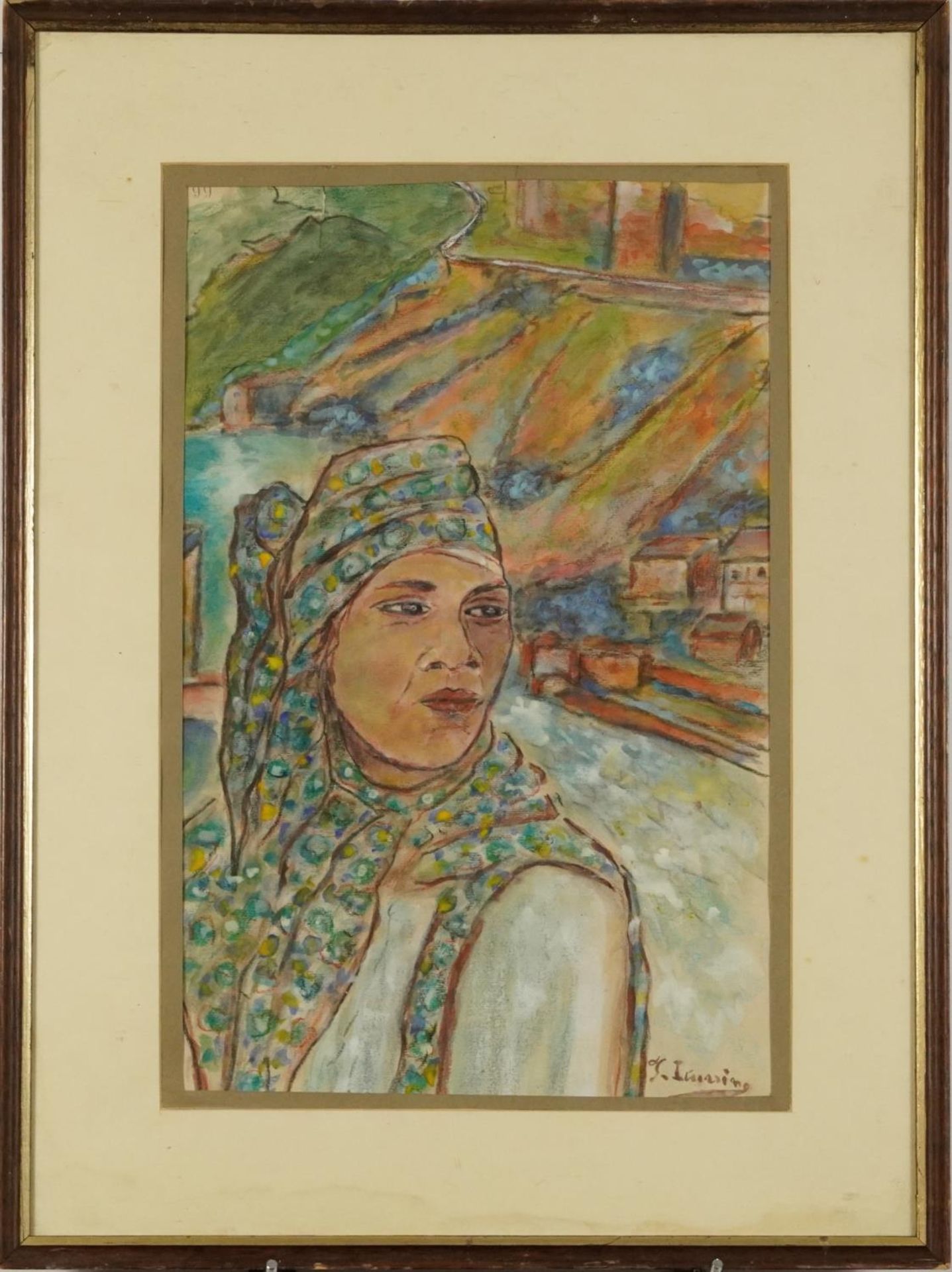 Study of a boy wearing a headscarf, Eastern mixed media, inscribed verso, mounted, framed and - Image 2 of 6