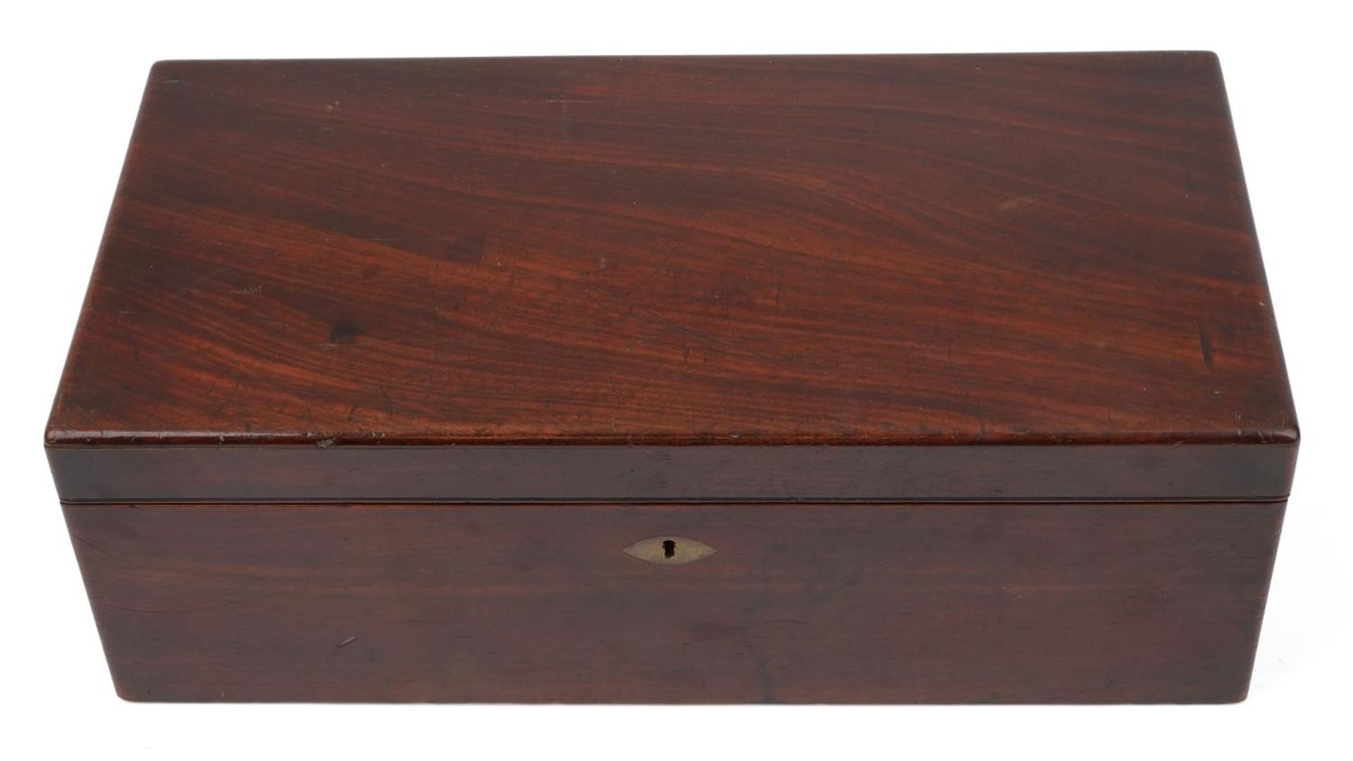 Early Victorian mahogany writing slope with brass carrying handles, fitted interior and side drawer, - Image 3 of 5