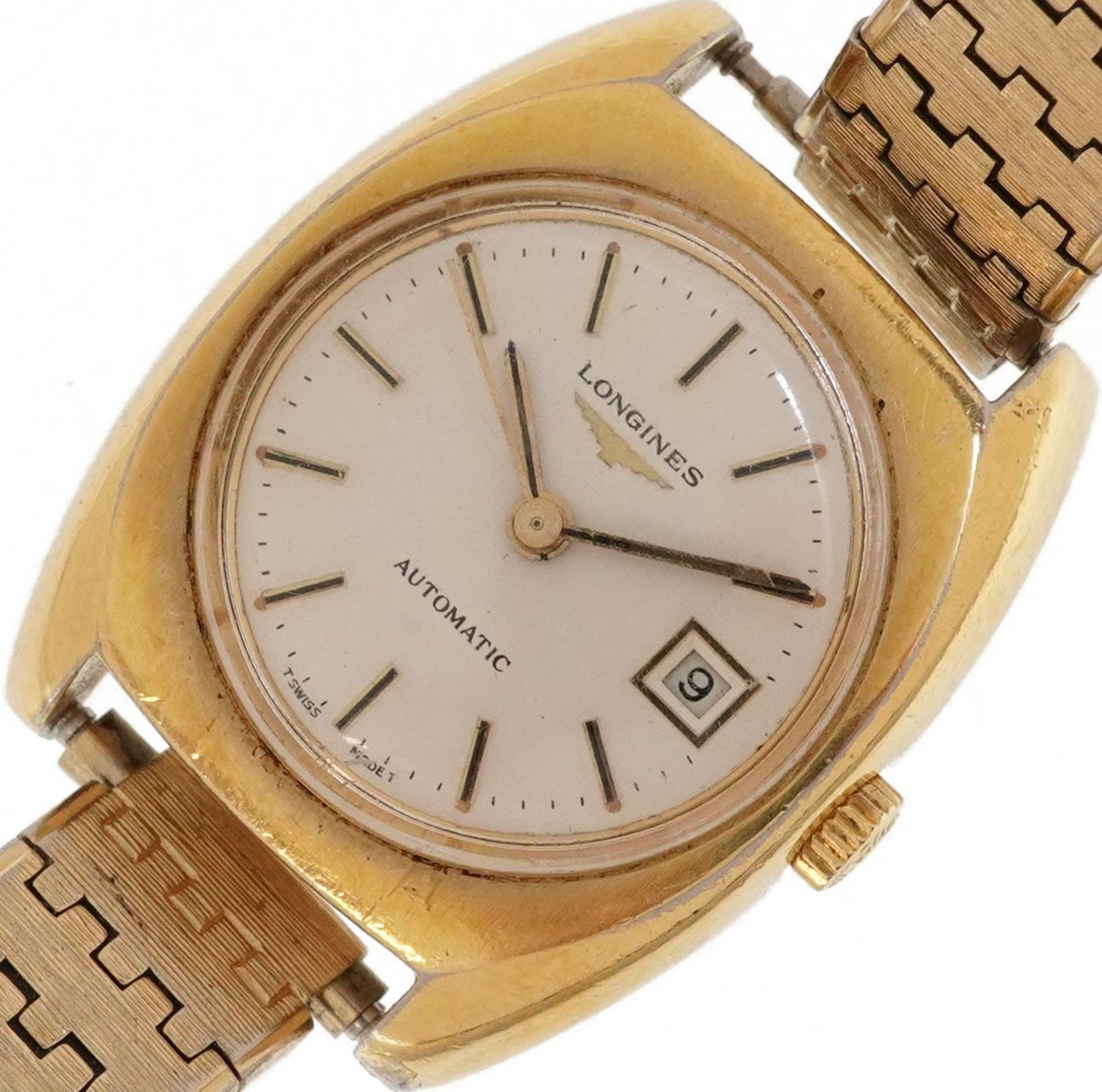 Longines, ladies gold plated automatic wristwatch with date aperture, the case 25mm wide : For