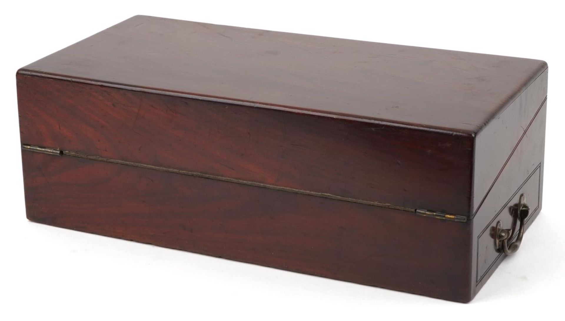 Early Victorian mahogany writing slope with brass carrying handles, fitted interior and side drawer, - Image 4 of 5