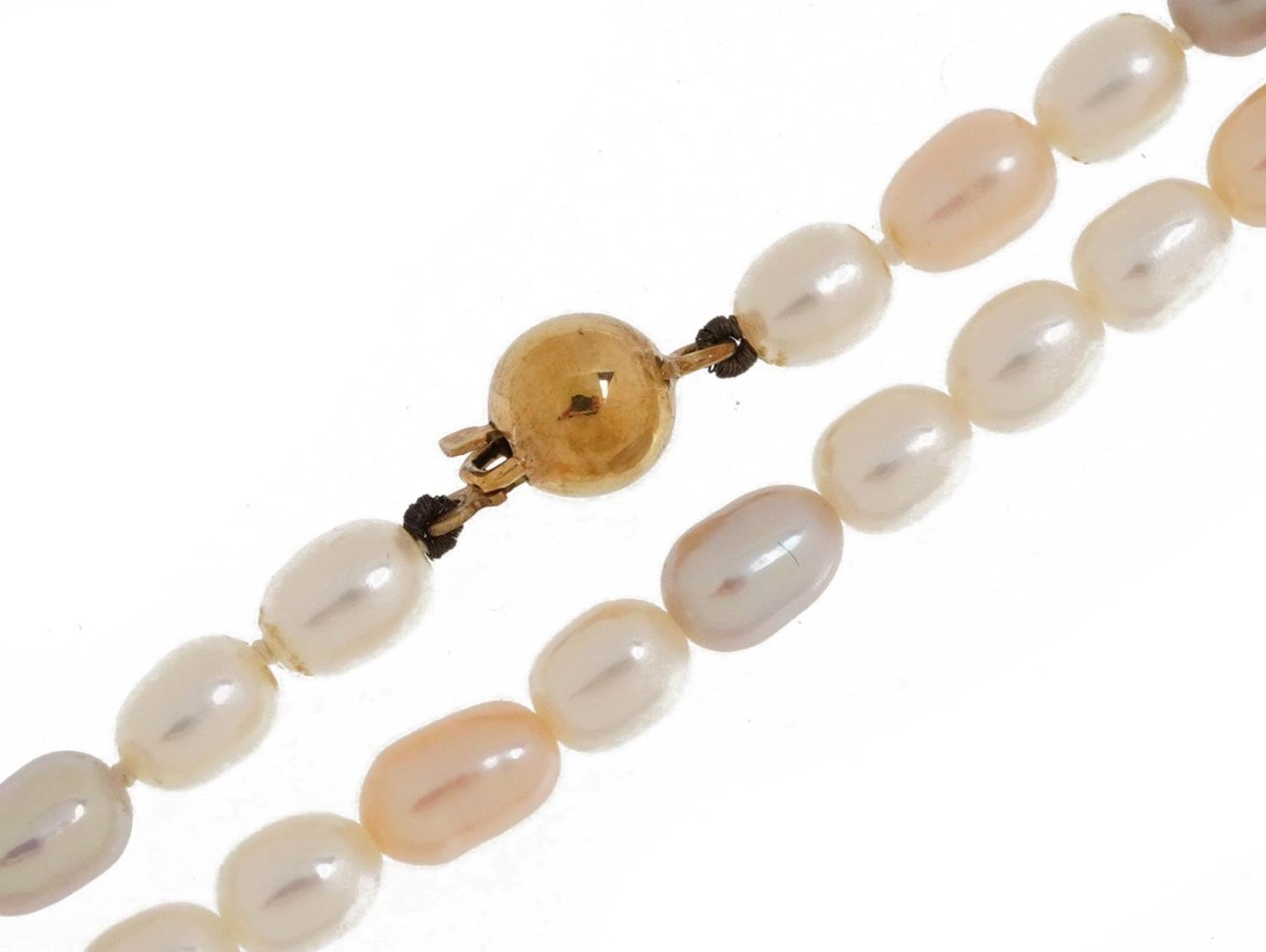 Single strand freshwater pearl necklace with 9ct gold ball clasp, 42cm in length, 15.0g : For