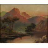 J Ducker - Mountainous landscape and figures beside water, two oil on wood panels, framed, each 28.