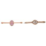 Edwardian 9ct gold amethyst and seed pearl bar brooch and an unmarked yellow metal amethyst bar
