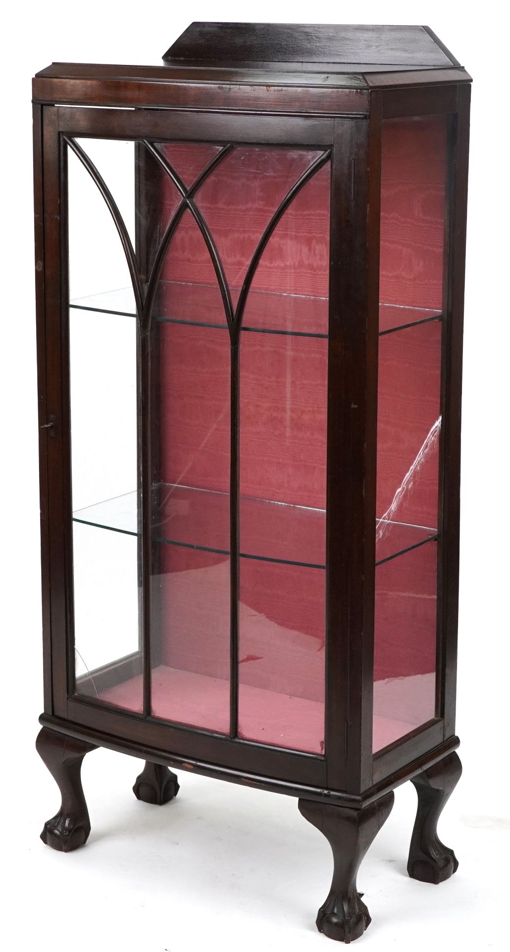 Mahogany bow front display cabinet enclosing two glass shelves on claw and ball feet, 127cm H x 56cm