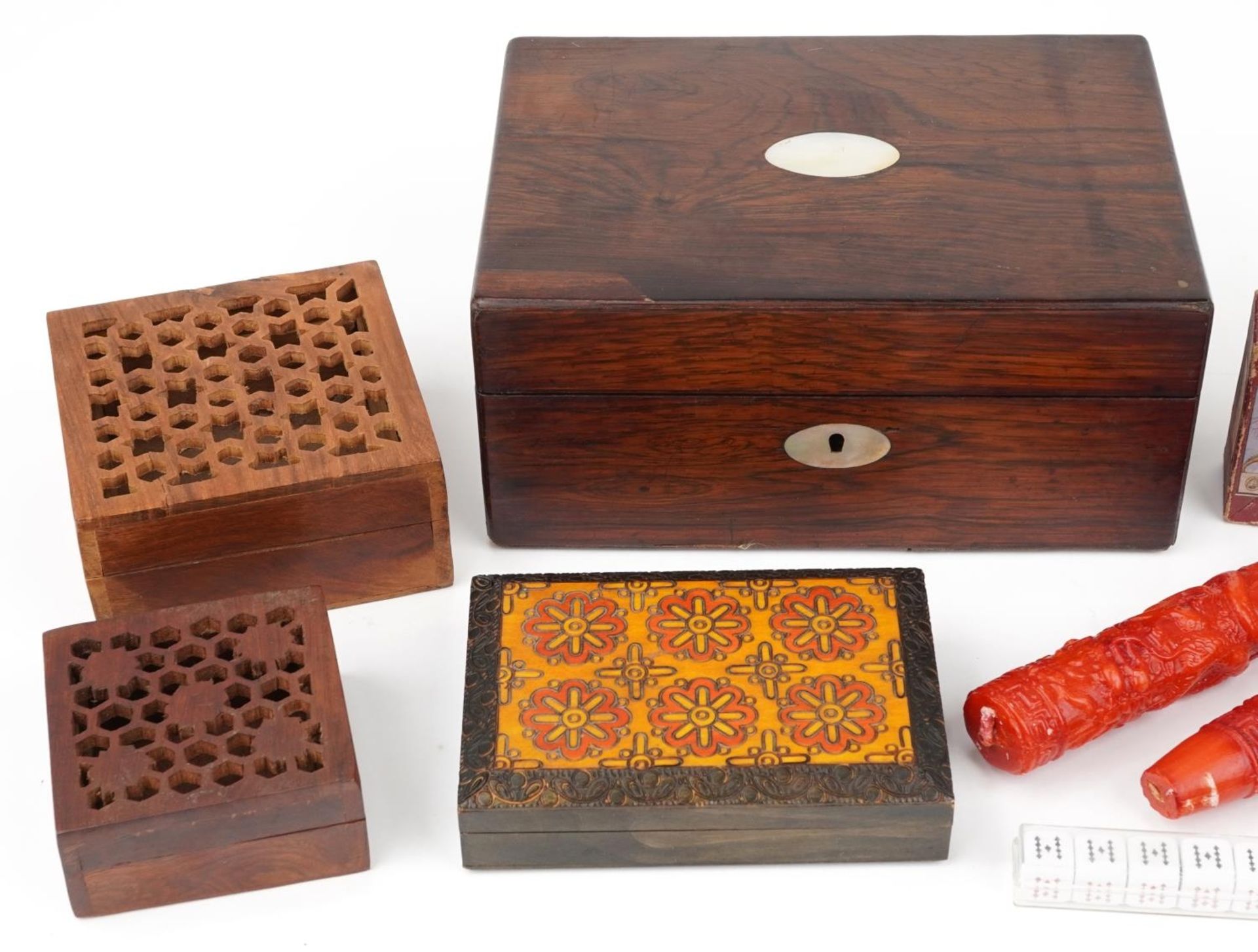 Woodenware and sundry items including a Victorian rosewood box with mother of pearl inlay and two - Bild 2 aus 3