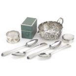 Georgian and later silver including set of four teaspoons and sauceboat embossed with flowers and