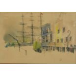 The Cutty Sark, watercolour over print, mounted, framed and glazed, 51cm x 34cm excluding the