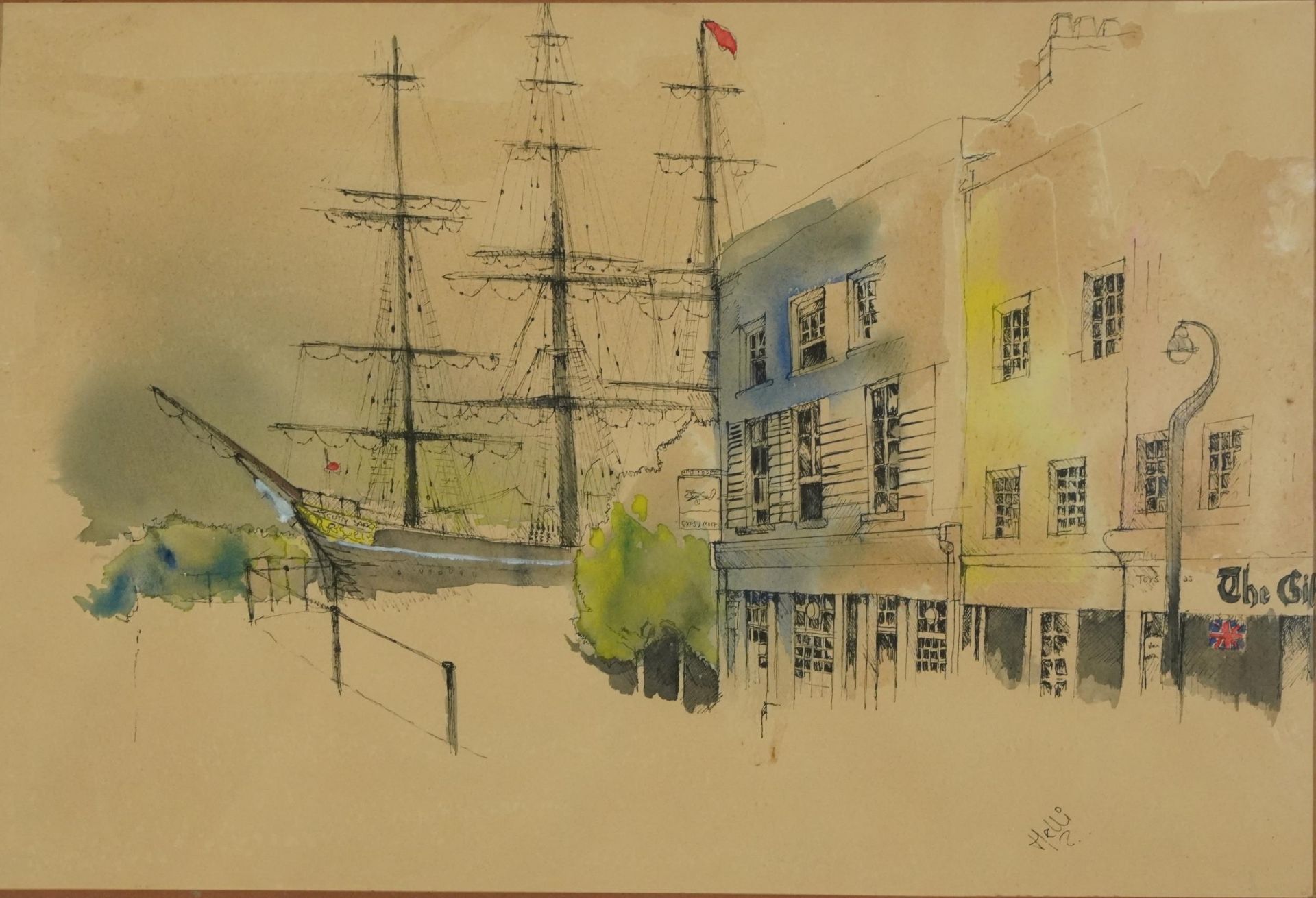 The Cutty Sark, watercolour over print, mounted, framed and glazed, 51cm x 34cm excluding the