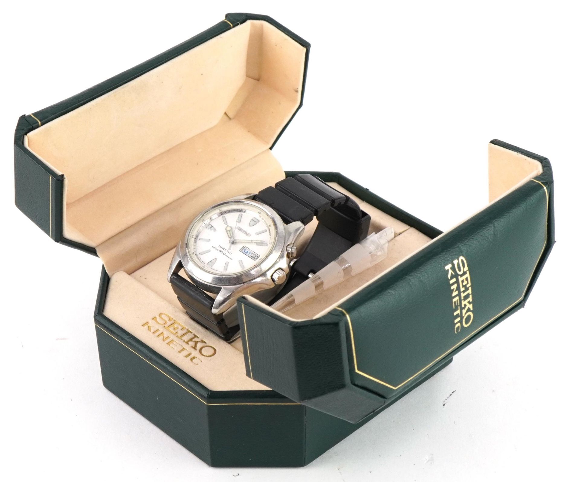 Seiko, gentlemen's Seiko Kinetic wristwatch with day/date aperture with box, 36.4mm in diameter : - Image 7 of 8