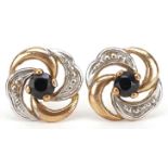 Pair of 9ct gold sapphire and diamond stud earrings, 8mm in diameter, 1.3g : For further information