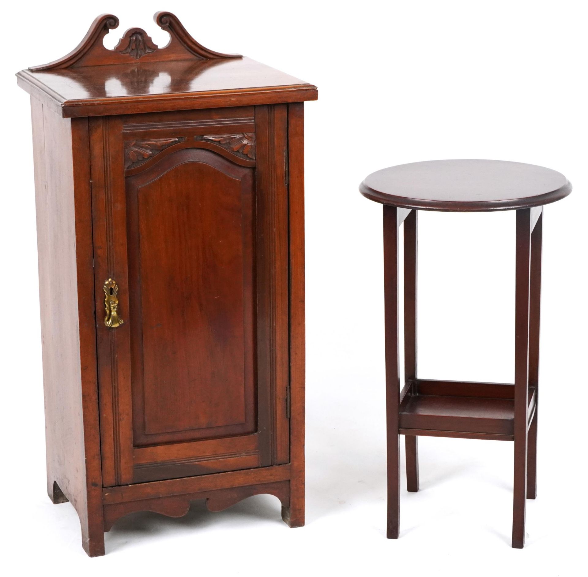 Art Nouveau style Mahogany pot cupboard and a mahogany occasional table, the largest 80cm high : For