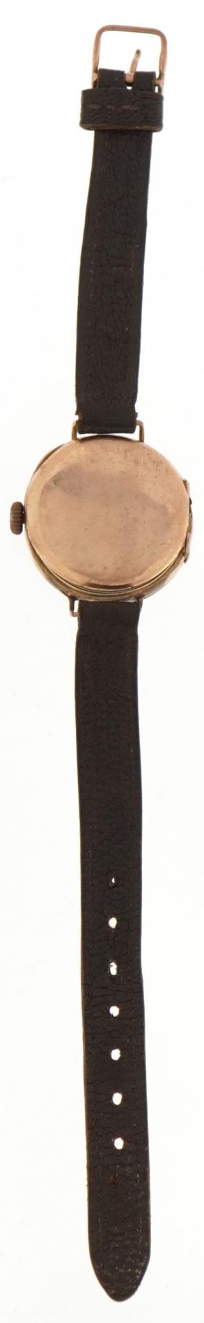 9ct gold wristwatch with enamelled dial and leather strap, 26mm in diameter, total weight 18.0g : - Image 3 of 6