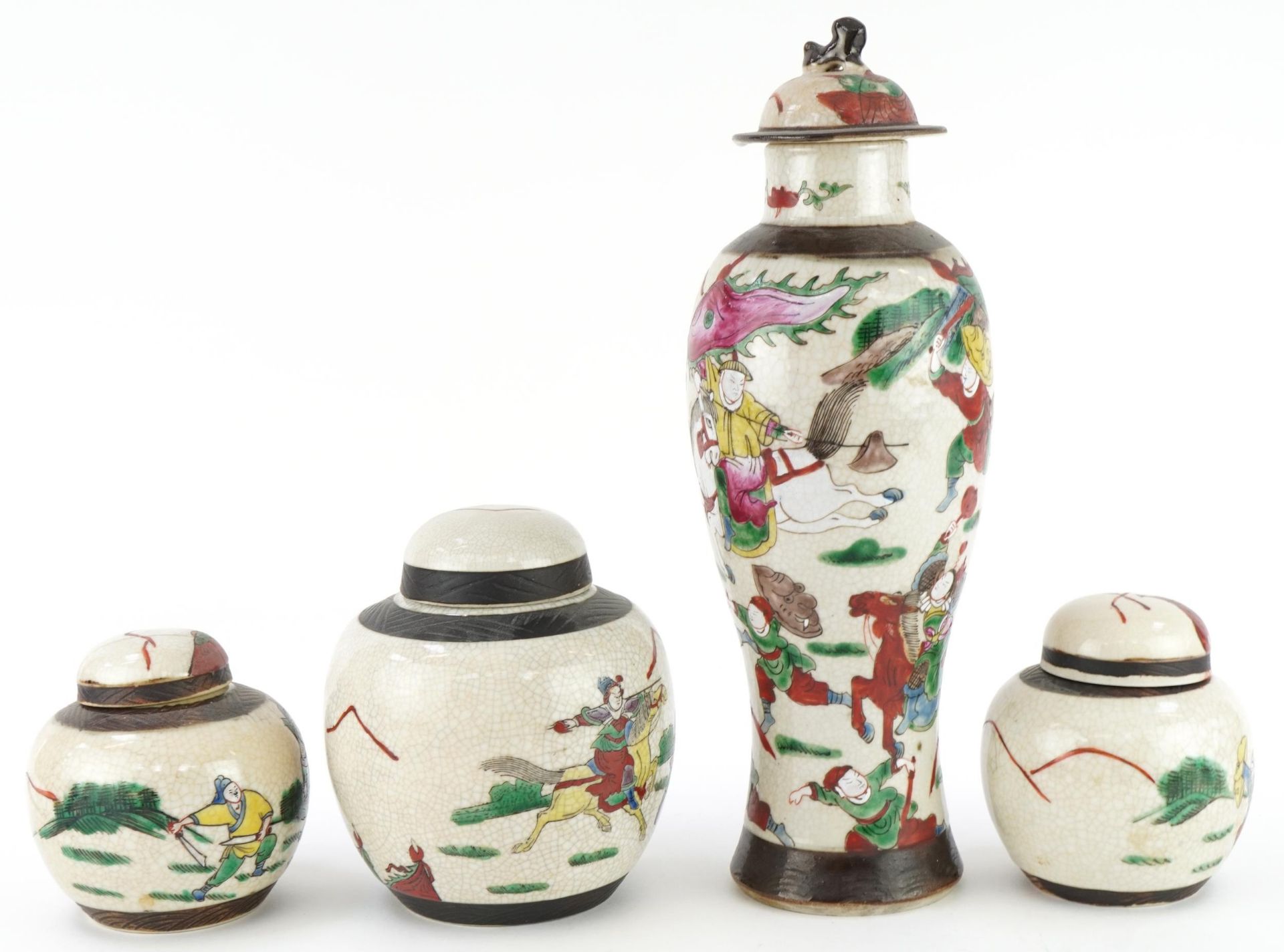 Chinese crackle glaze porcelain hand painted with warriors comprising a baluster vase with cover and - Image 4 of 7