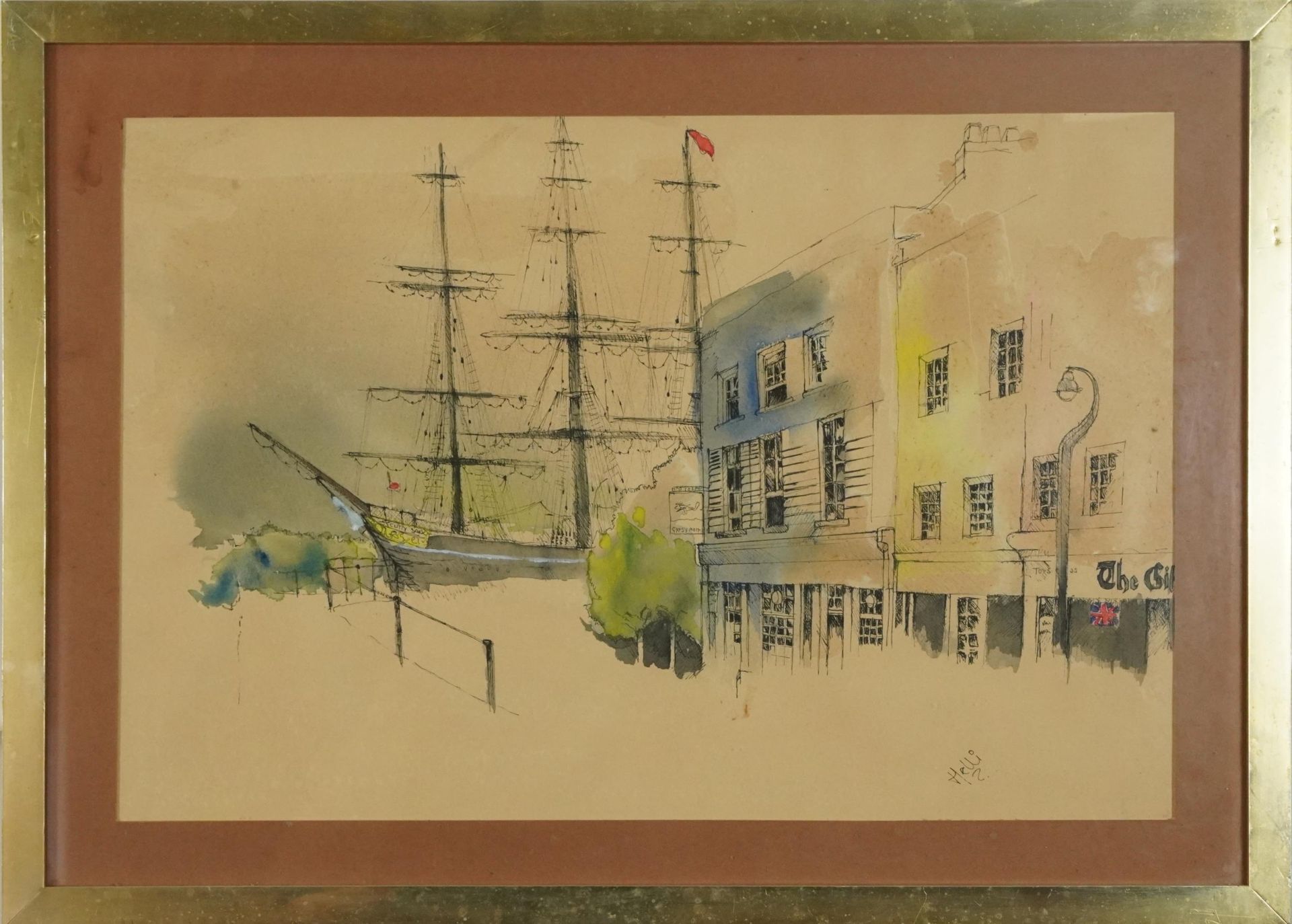 The Cutty Sark, watercolour over print, mounted, framed and glazed, 51cm x 34cm excluding the - Image 2 of 4