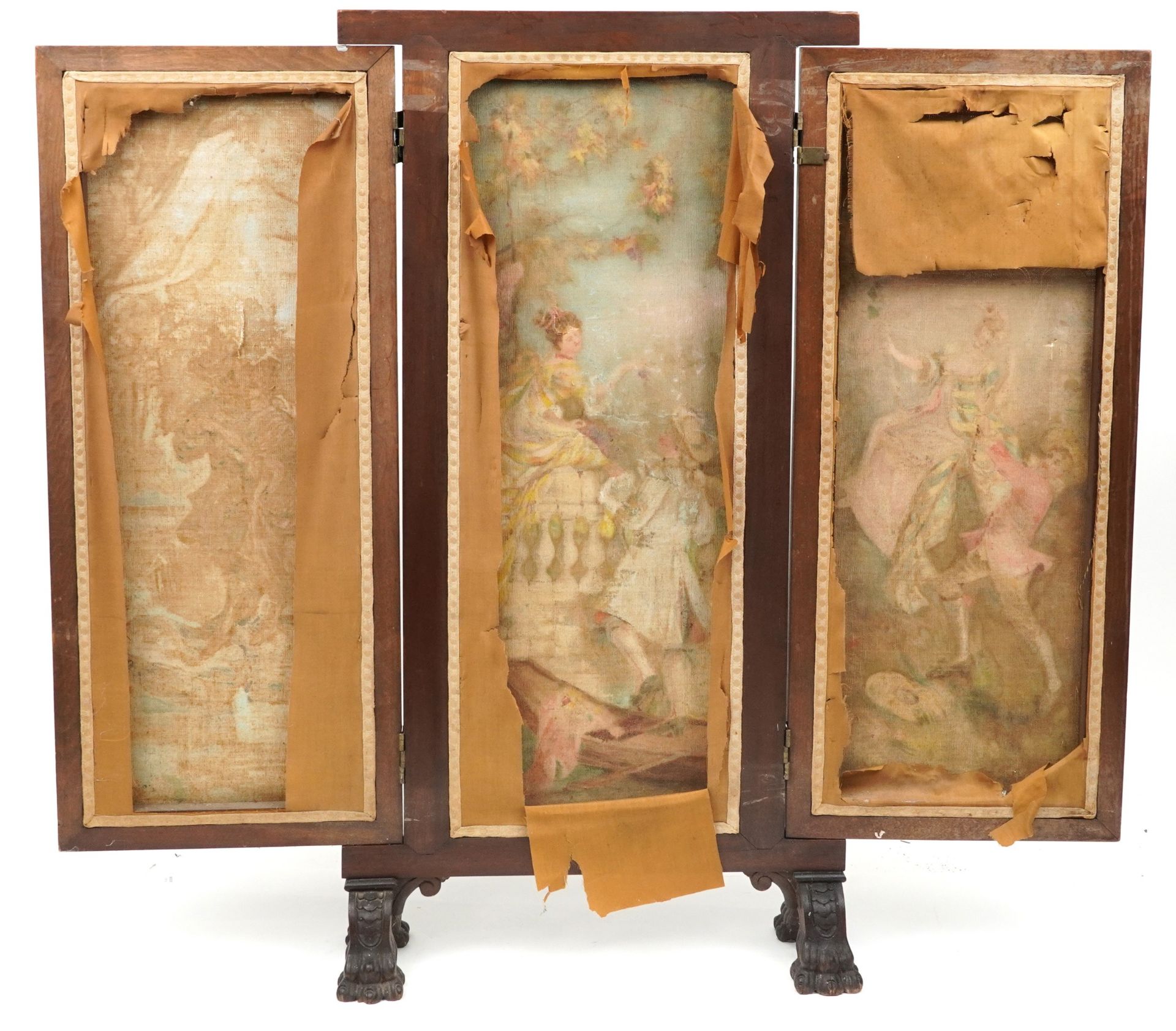 19th century oak frame three fold canvas screen hand painted with courting couples, each panel - Image 5 of 6