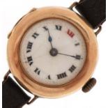 9ct gold wristwatch with enamelled dial and leather strap, 26mm in diameter, total weight 18.0g :