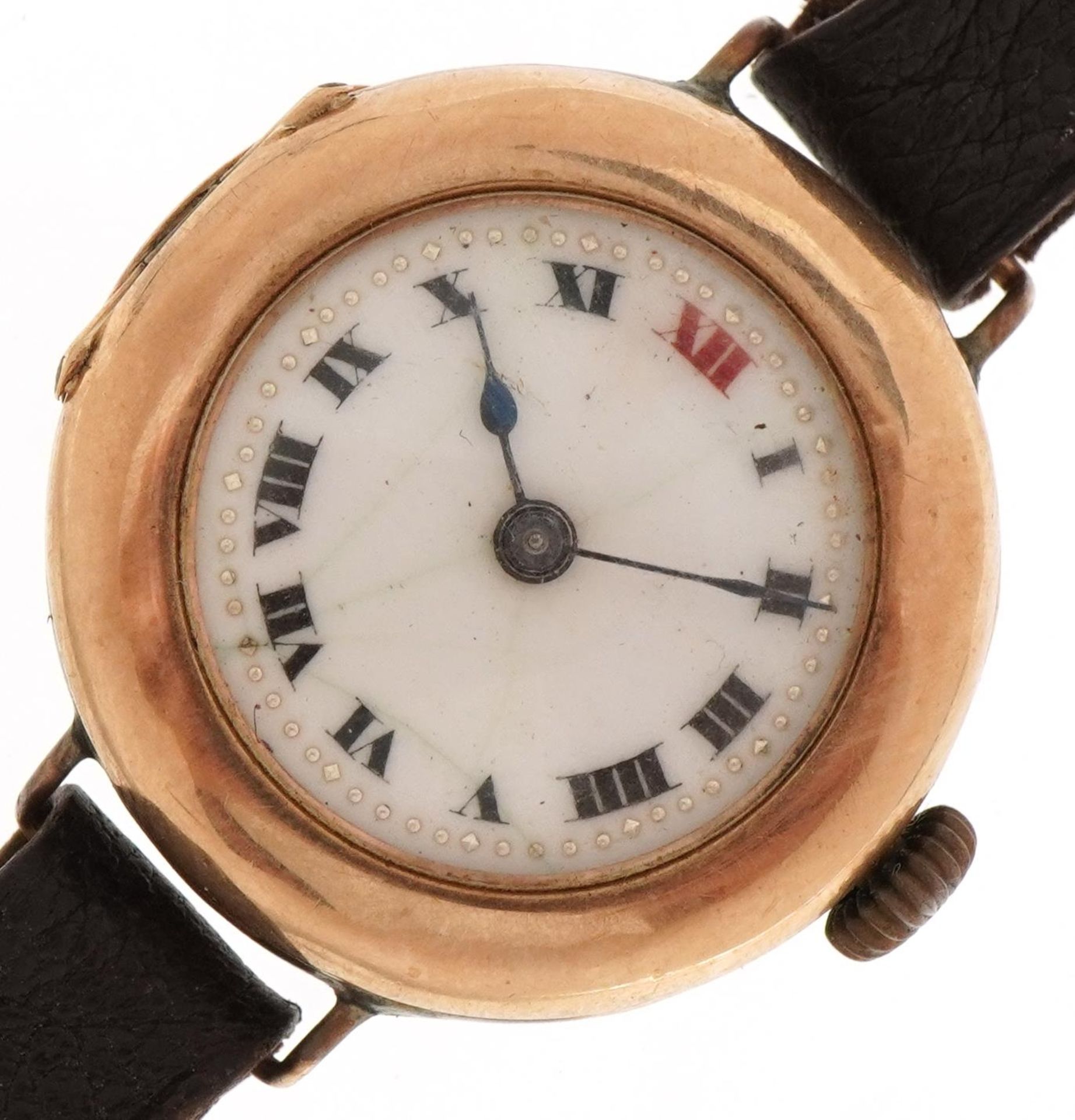 9ct gold wristwatch with enamelled dial and leather strap, 26mm in diameter, total weight 18.0g :