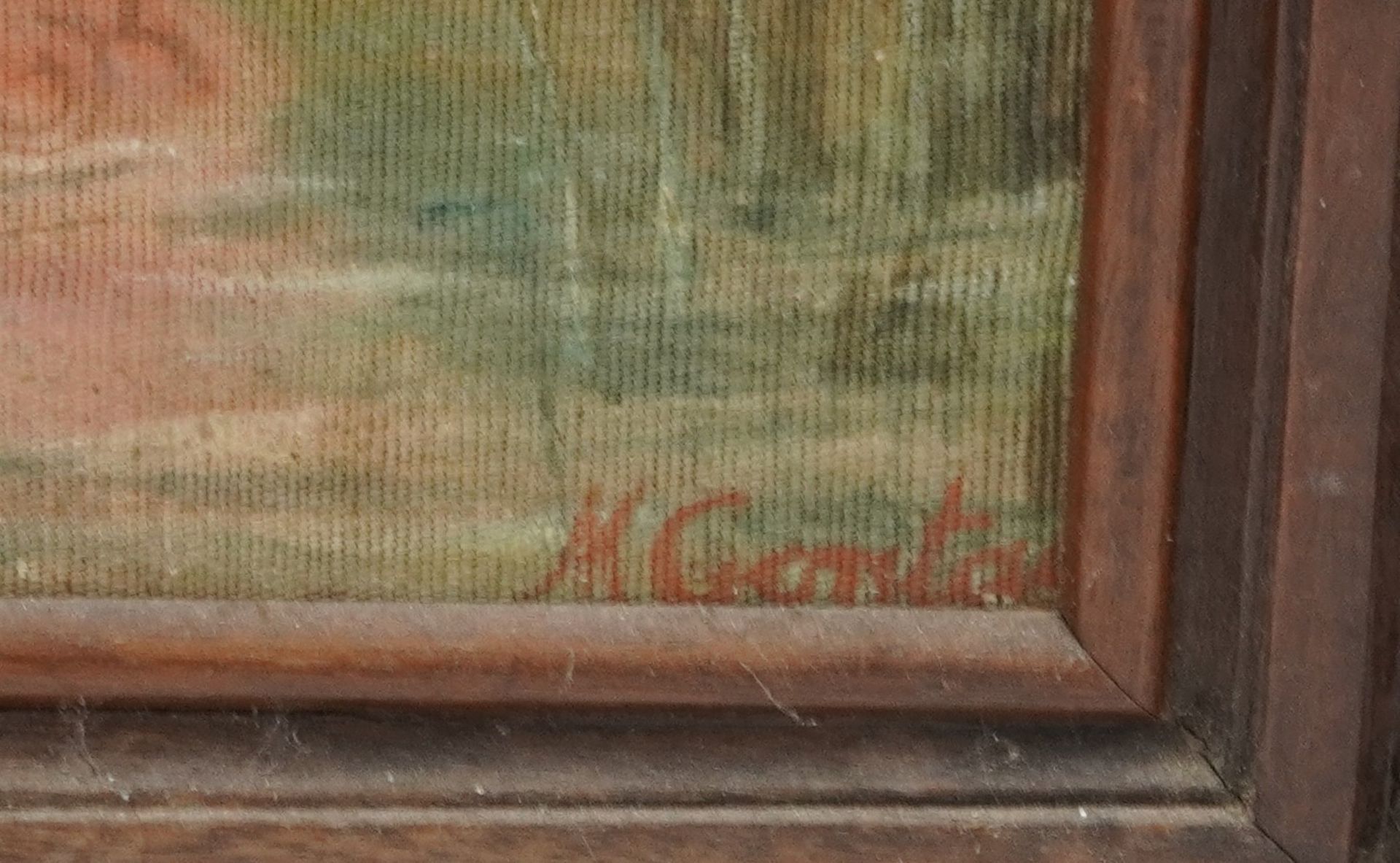 19th century oak frame three fold canvas screen hand painted with courting couples, each panel - Image 3 of 6