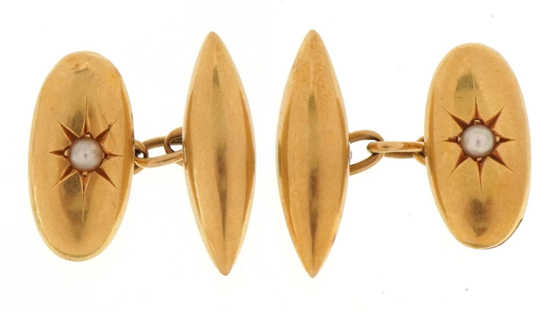 Pair of 18ct gold seed pearl cufflinks, 1.7cm wide, 5.2g : For further information on this lot