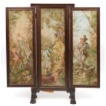 19th century oak frame three fold canvas screen hand painted with courting couples, each panel