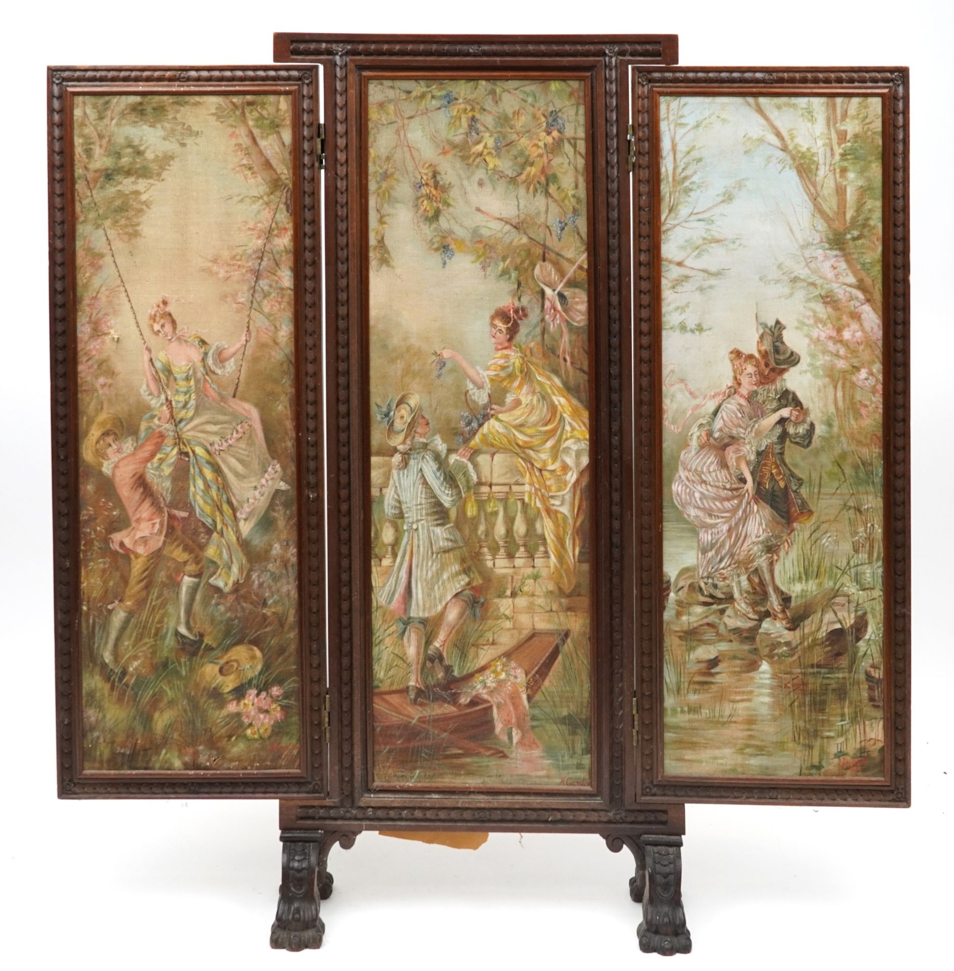 19th century oak frame three fold canvas screen hand painted with courting couples, each panel