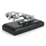 Vintage chrome plated Jaguar car mascot on wooden plinth base, 14cm in length : For further