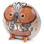 Mid century style South American terracotta sculpture in the form of a stylised owl hand painted