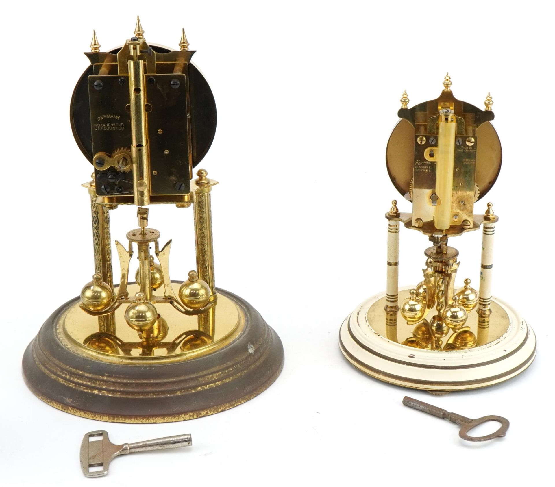Two brass anniversary clocks housed under glass domes including a Kundo example, the largest 30cm - Image 5 of 7