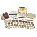 Sundry items including various coinage, some silver, map measurer, Ronson pocket lighter and