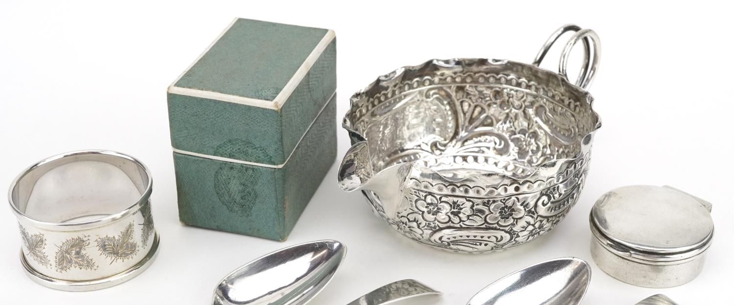 Georgian and later silver including set of four teaspoons and sauceboat embossed with flowers and - Image 2 of 5