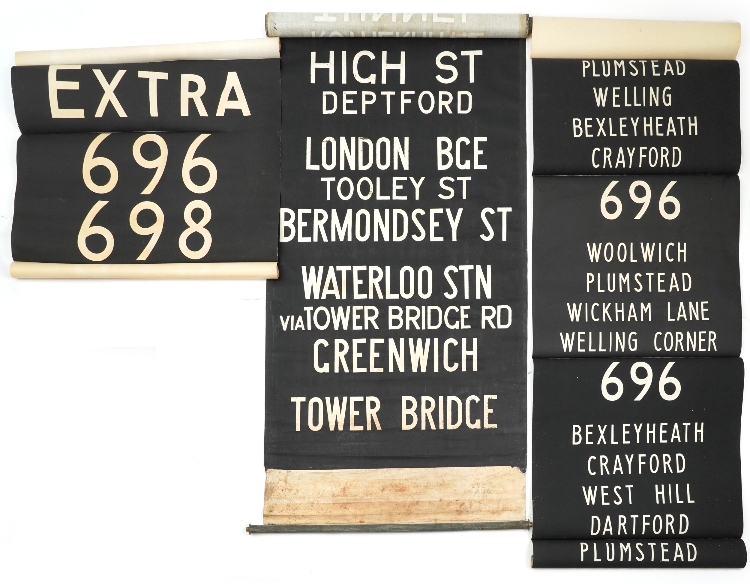 Three vintage London Transport Tram & Bus roller blinds : For further information on this lot please