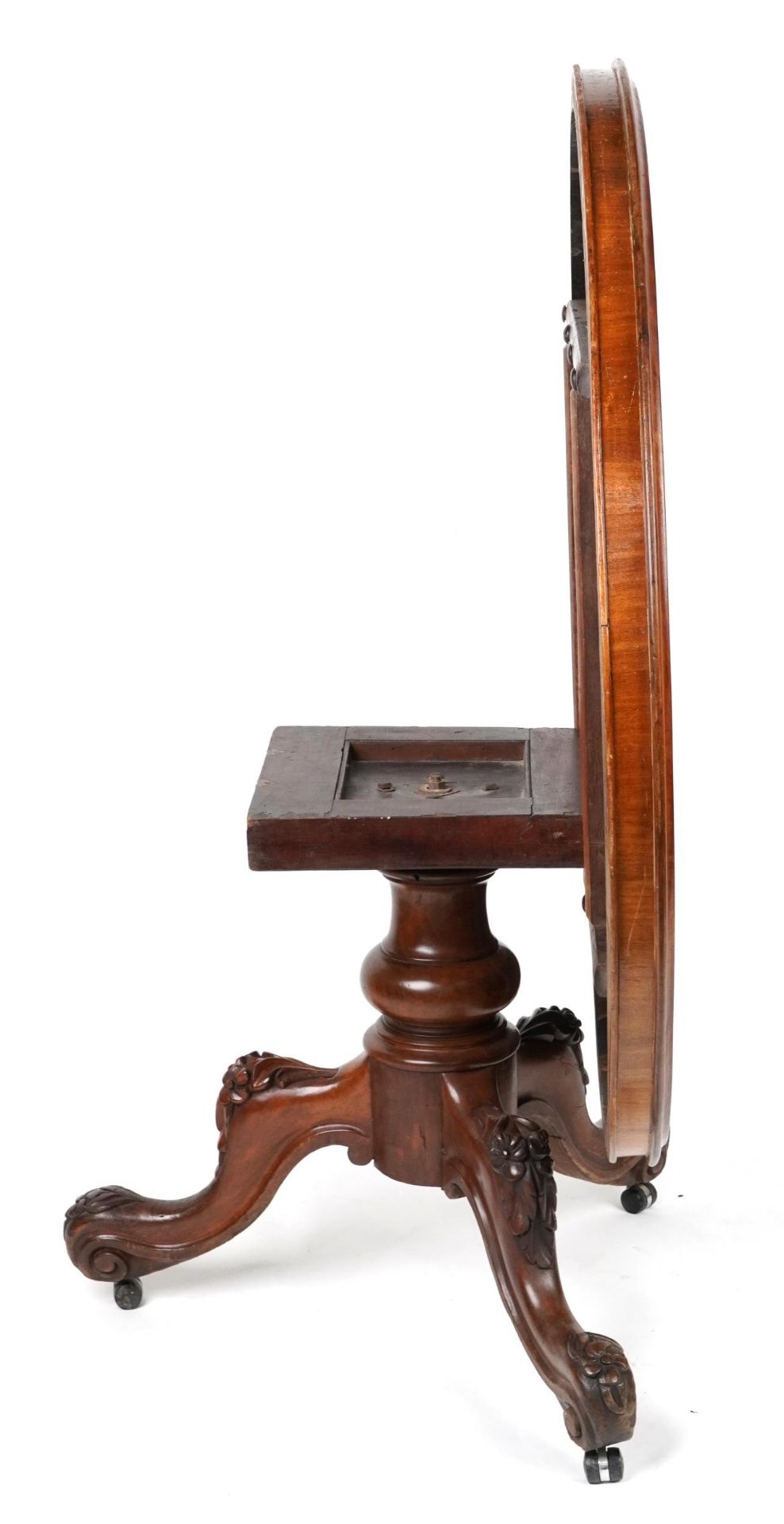 Victorian mahogany tilt top tripod table carved with flowers having circular top, 90cm high x - Image 4 of 4