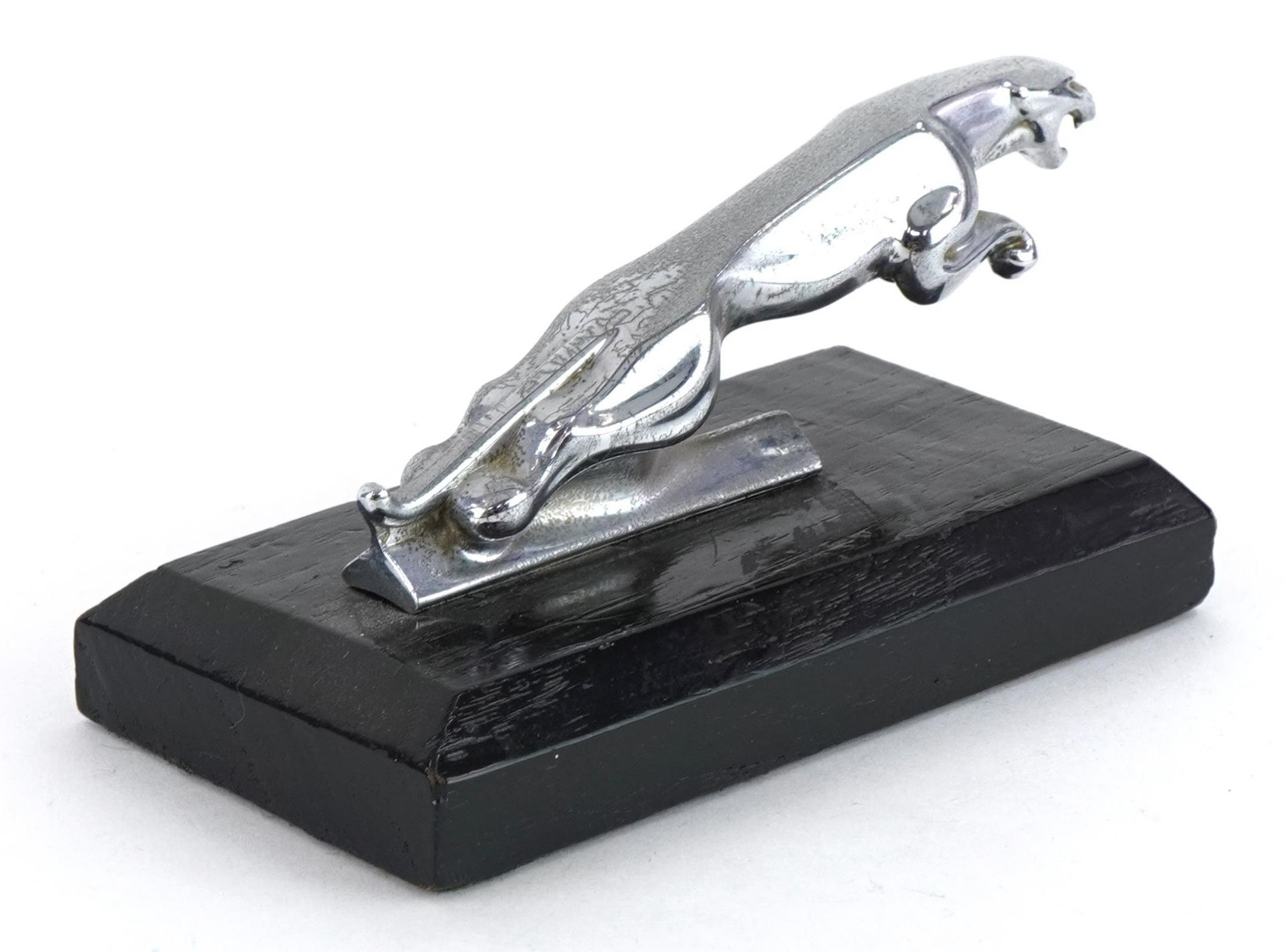 Vintage chrome plated Jaguar car mascot on wooden plinth base, 14cm in length : For further - Image 2 of 3