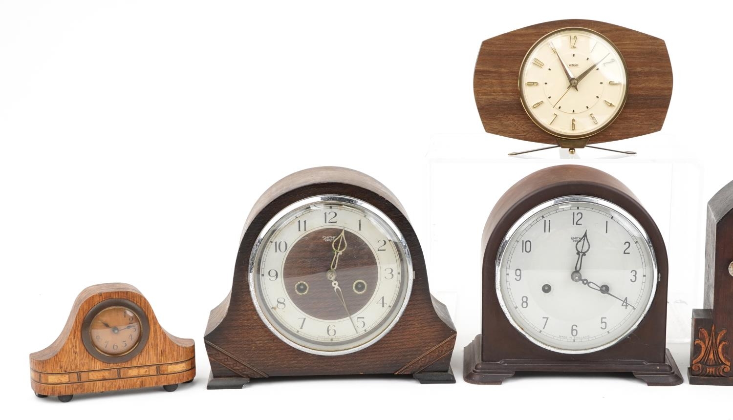 Six mantle clocks including an Art Deco Smith Enfield housed in a brown Bakelite case and four oak - Image 2 of 6