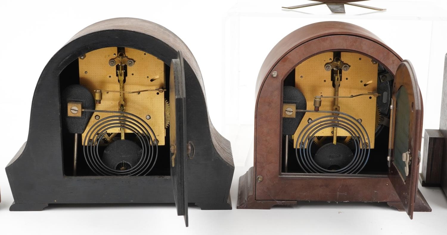 Six mantle clocks including an Art Deco Smith Enfield housed in a brown Bakelite case and four oak - Image 5 of 6