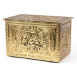 Victorian style brass coal box embossed with figures in taverns, 29.5cm H x 46cm W x 30cm D : For