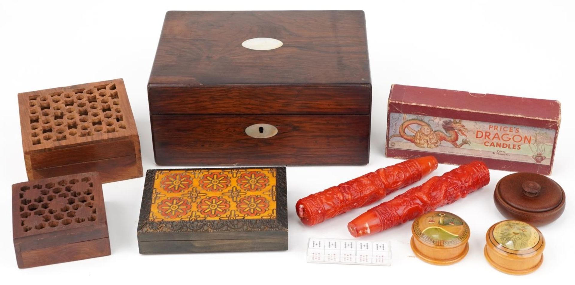 Woodenware and sundry items including a Victorian rosewood box with mother of pearl inlay and two