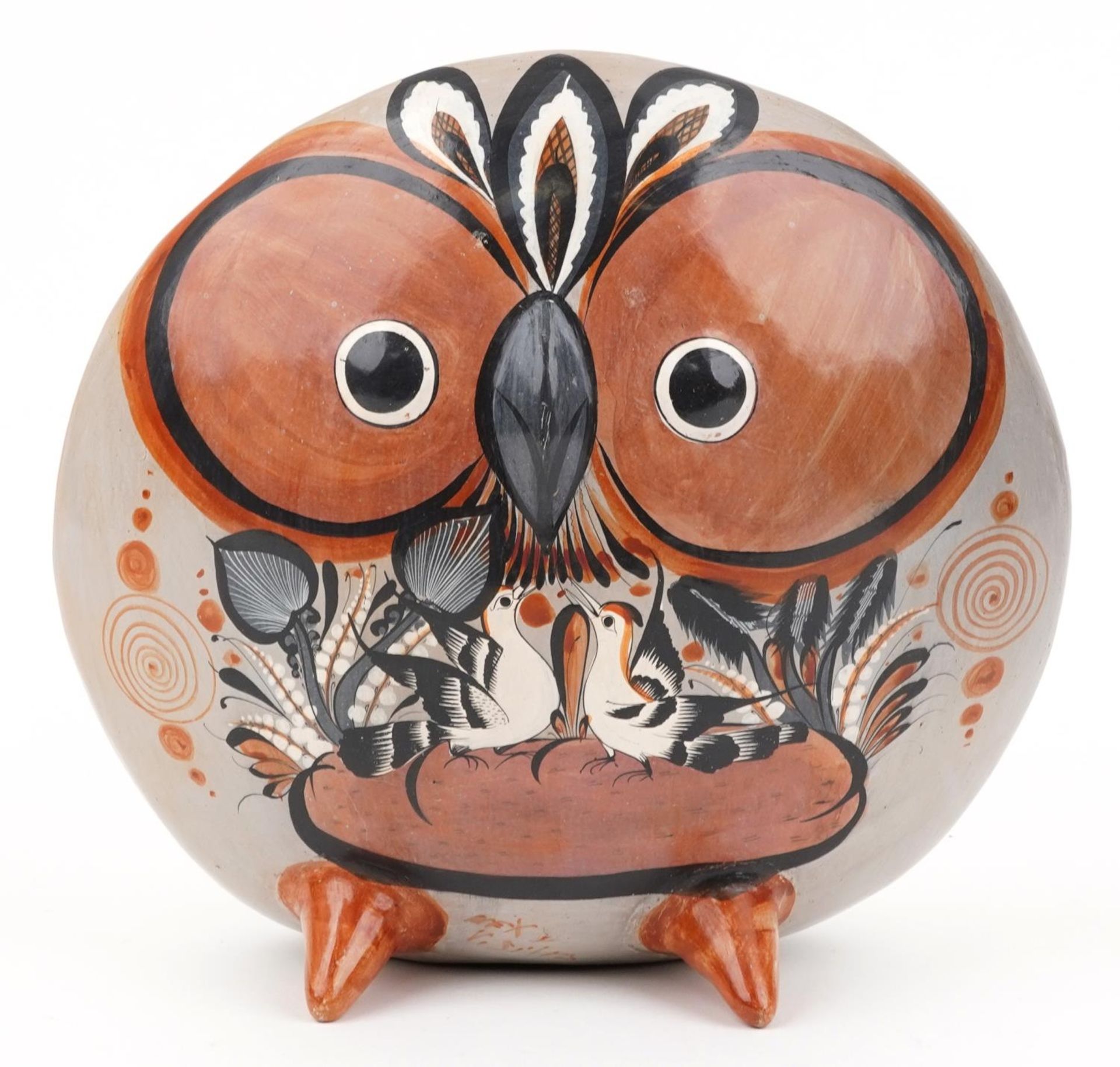 Mid century style South American terracotta sculpture in the form of a stylised owl hand painted - Bild 2 aus 5