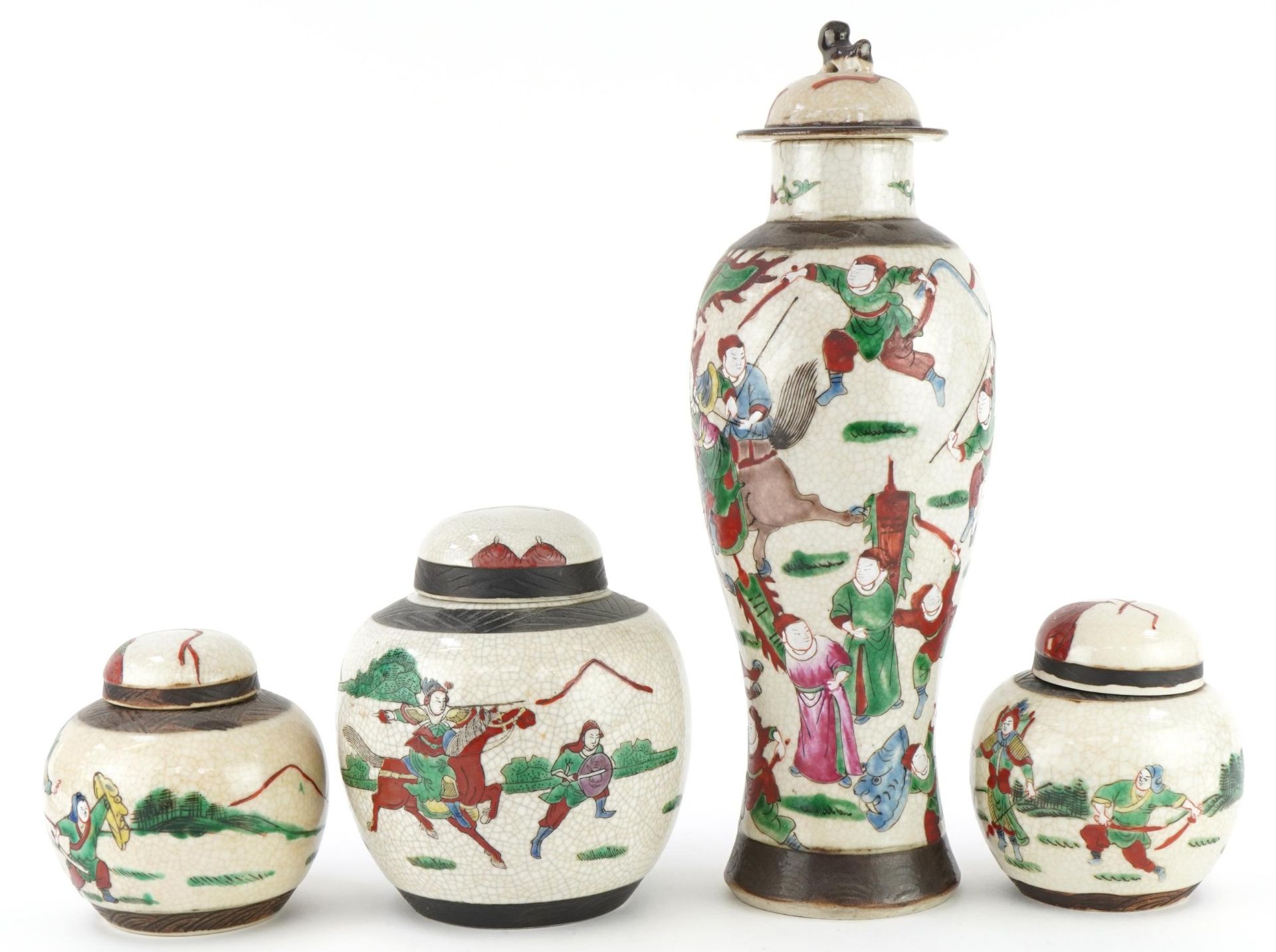 Chinese crackle glaze porcelain hand painted with warriors comprising a baluster vase with cover and - Image 2 of 7