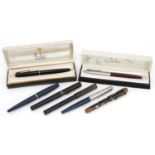 Vintage and later fountain pens including Parker, Bentley marbleised and Ty Phoo Tea, two with