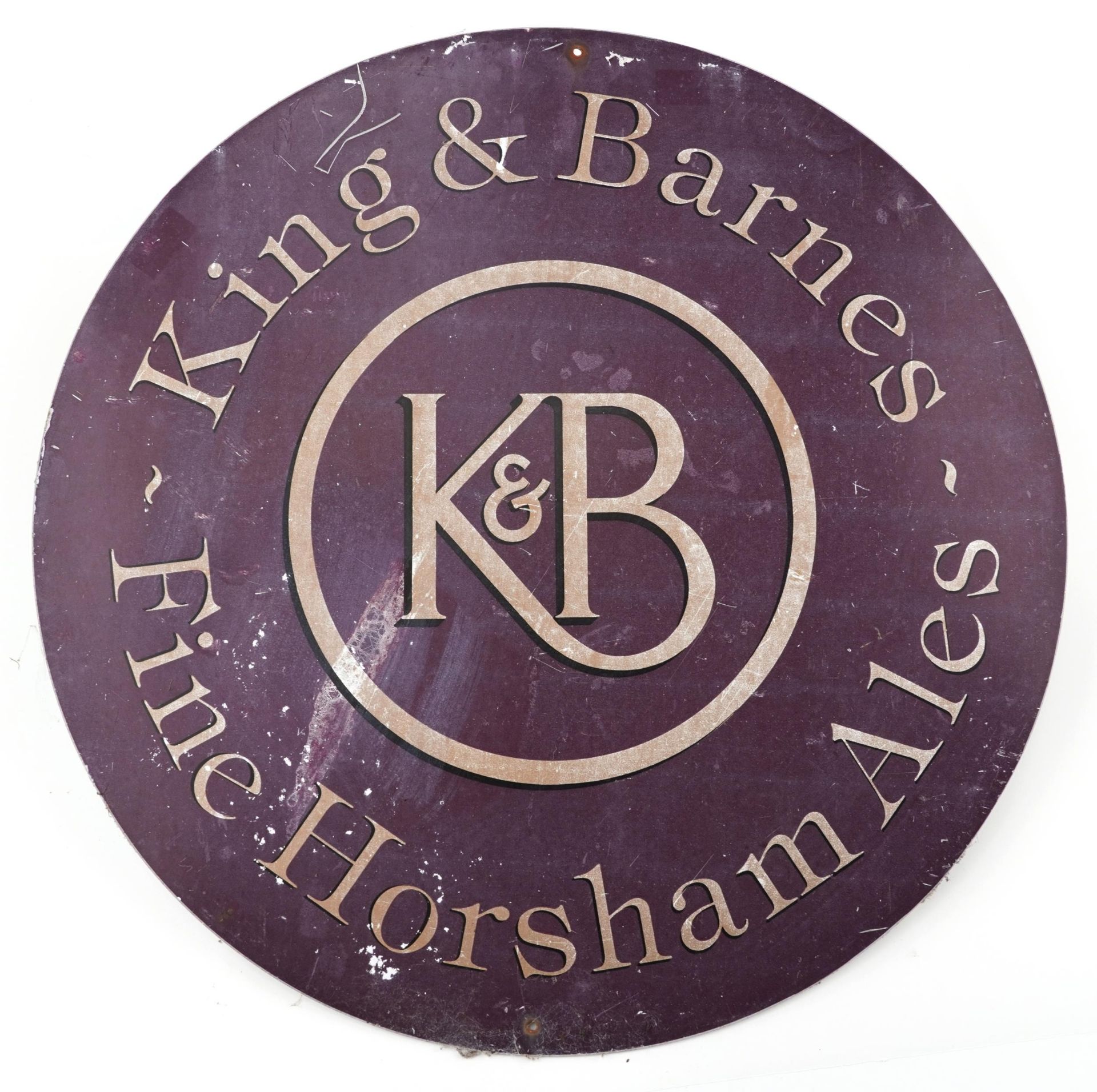 Vintage circular King & Barnes Fine Horsham Ales aluminium advertising sign, 60cm in diameter :