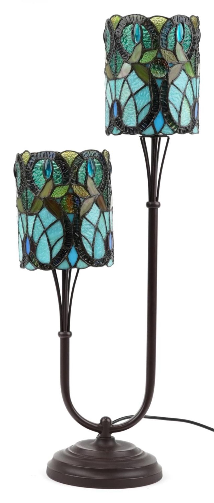 Bronzed Tiffany design two branch table lamp with leaded stained glass shades, 75cm high : For