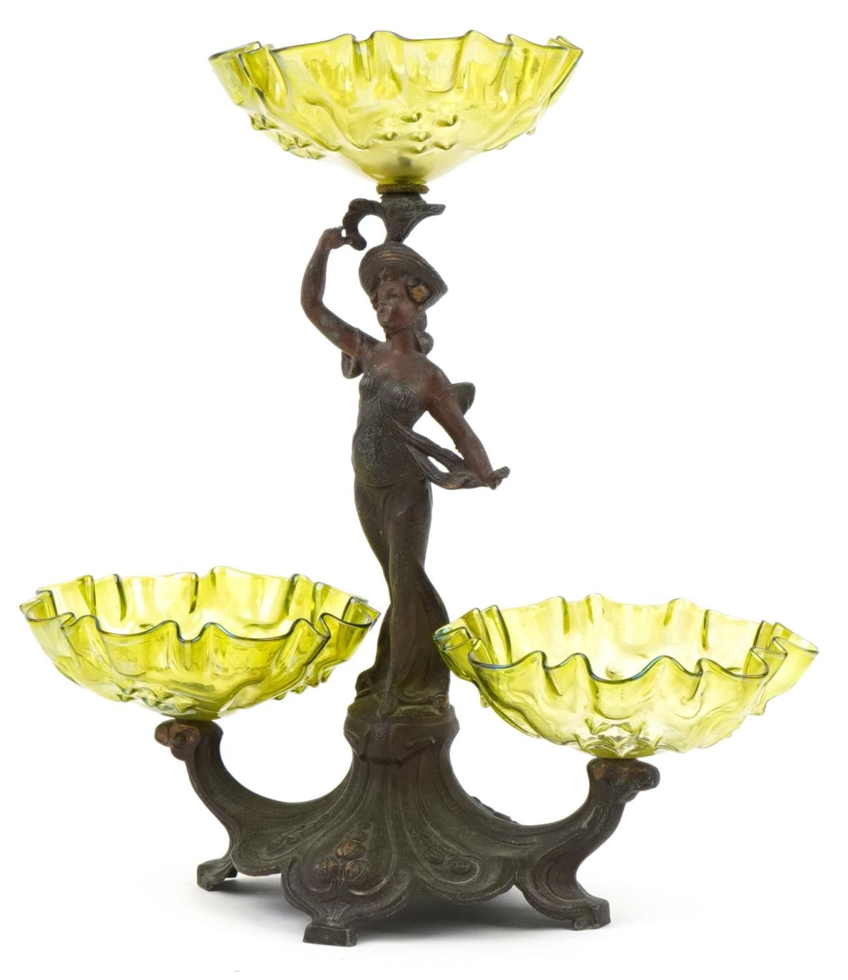 Manner of WMF, Art Nouveau partially gilt patinated spelter figural centrepiece with three - Image 2 of 4