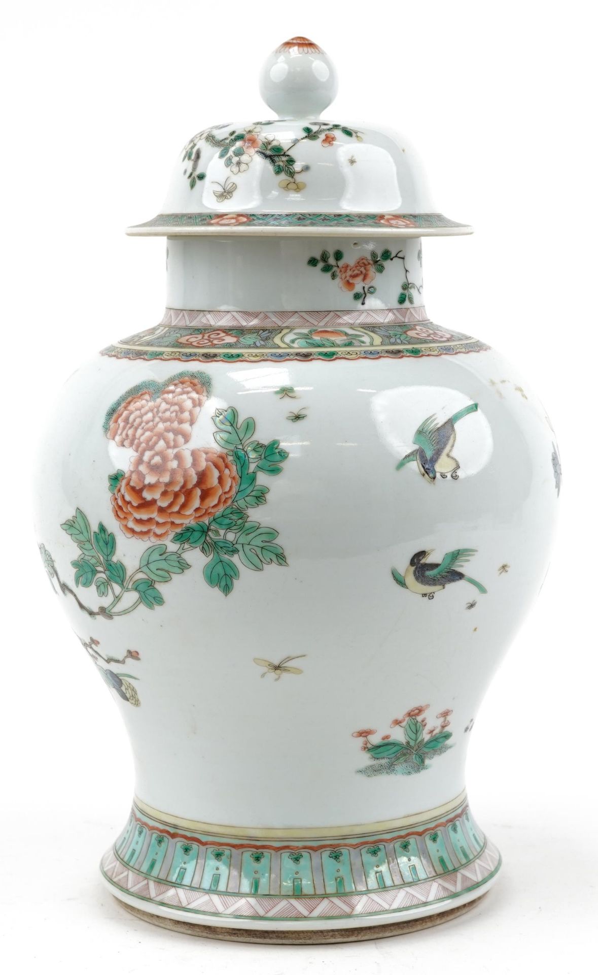 Chinese porcelain baluster vase and cover hand painted in the famille rose palette with birds of - Image 3 of 6